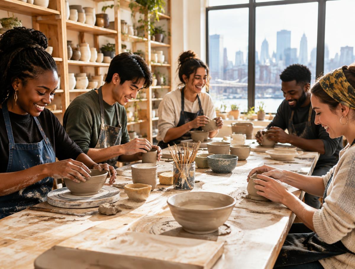 Friends making pottery together in Brooklyn